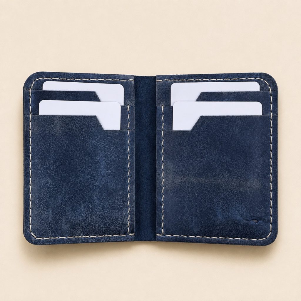 2-Hour Leather Workshop in Hoi An Make Your Own Card Holder Blue leather card wallet project for the 2-hour workshop in Hoi An