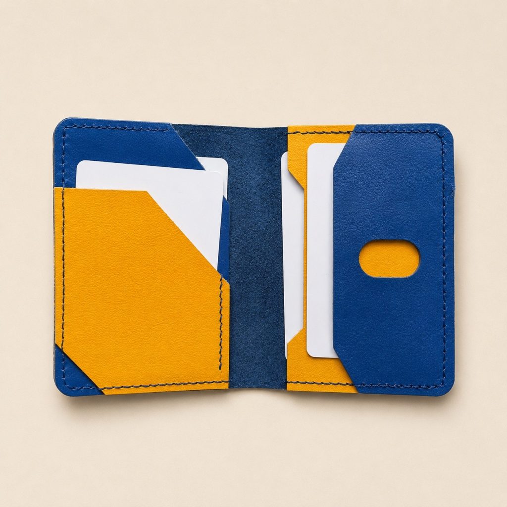 Blue and Yellow Card Holder 2-Hour Leather Workshop in Hoi An Blue and yellow leather card wallet for the 2-hour workshop in Hoi An
