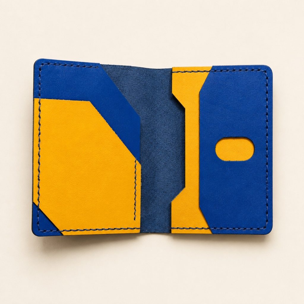 Blue and Yellow Leather Card Holder 2-Hour Workshop in Hoi An Blue and yellow multi-pocket wallet project at Meadows 2-hour leather workshop