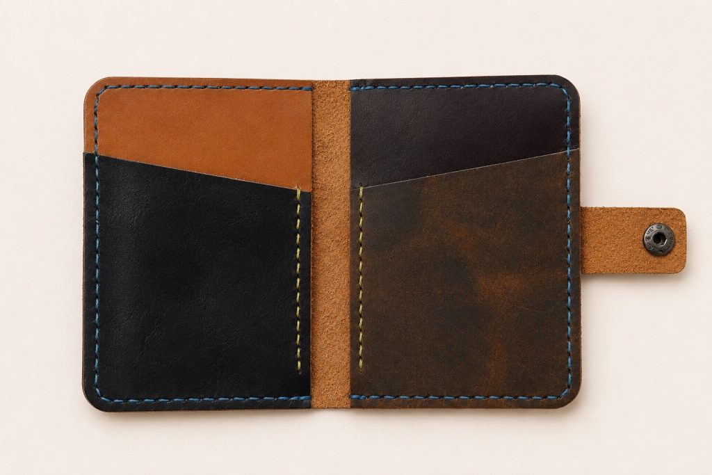Multicolor Snap Card Holder 2-Hour Leather Workshop in Hoi An Multicolor leather wallet with snap closure for the 2-hour workshop in Hoi An