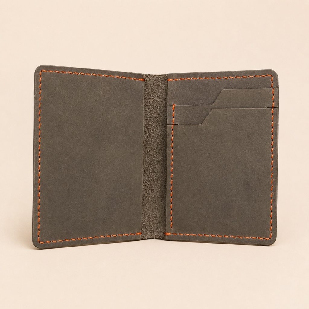 Olive Leather Card Holder 2-Hour Leather Workshop in Hoi An Open handmade leather wallet with multiple card slots in Hoi An