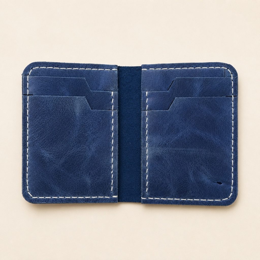 Blue Multi-Pocket Leather Card Holder 2-Hour Workshop in Hoi An Blue multi-slot leather wallet for the 2-hour workshop at Meadows Hoi An