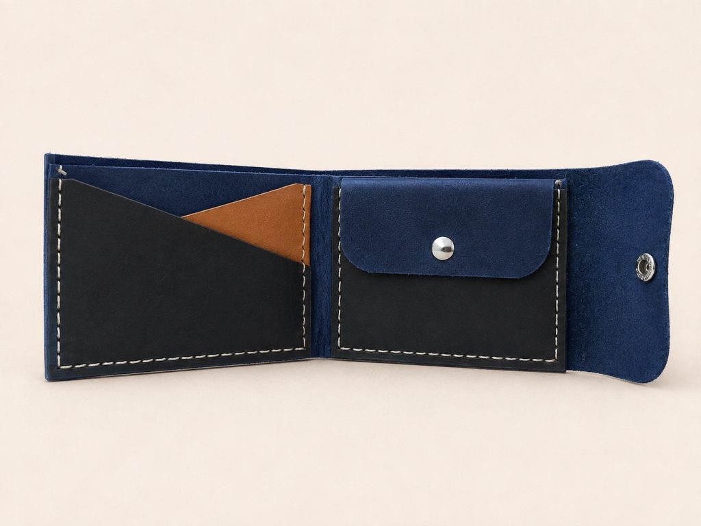 Blue Snap Wallet with Coin Pocket 2-Hour Leather Workshop in Hoi An Open blue leather wallet with card slots and coin pocket for the 2-hour workshop in Hoi An