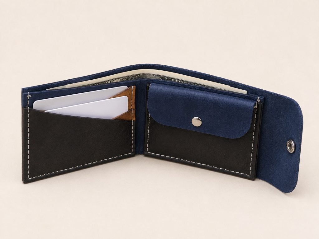 Blue Snap Wallet with Cards 2-Hour Leather Workshop in Hoi An Blue leather wallet with cards, cash pocket and coin pouch at Meadows leather workshop in Hoi An