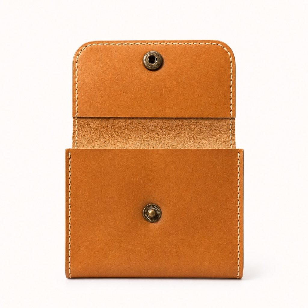 Tan Snap Coin Pouch Open Flap View Simple tan leather card holder with snap closure made in Hoi An