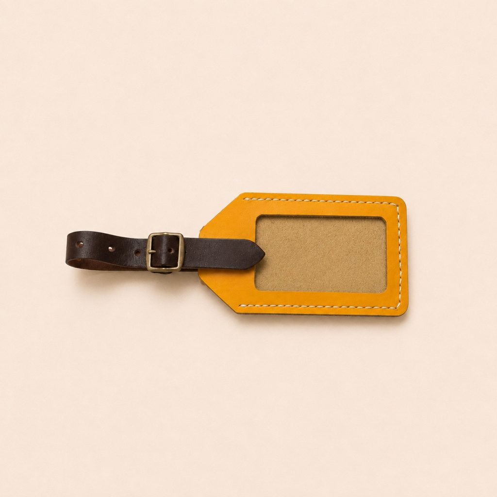 Yellow Leather Luggage Tag with Buckle Strap Handmade in Hoi An Yellow leather luggage tag project for the 2-hour workshop in Hoi An