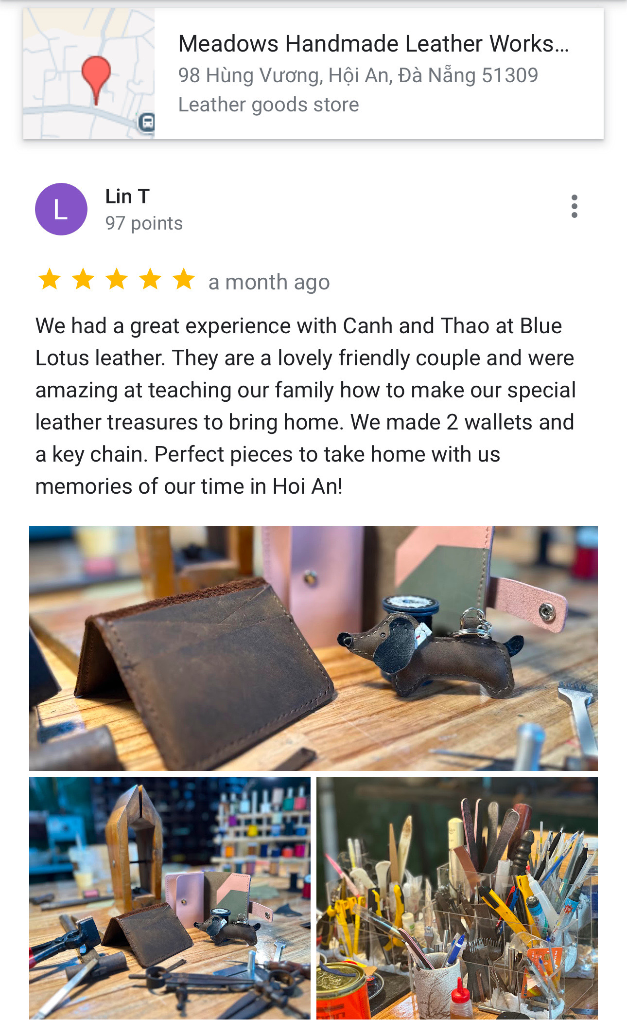 5-Star Review of Our 2-Hour Leather Workshop in Hoi An Five-star Google review from Lin T about her family’s experience at Meadows Leather Workshop in Hoi An.