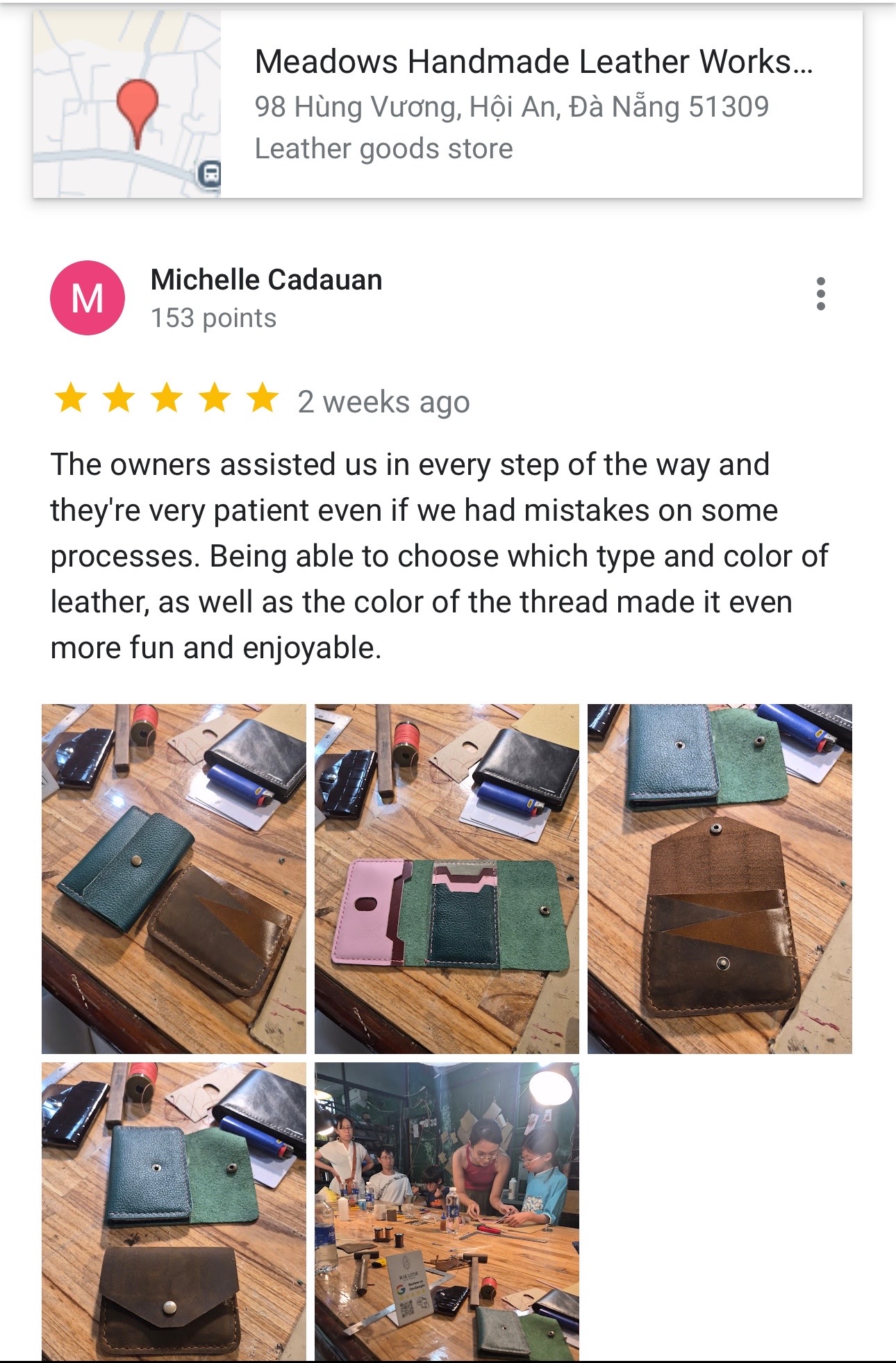 5-Star Review of Our 2-Hour Leather Workshop in Hoi An Five-star Google review about patient guidance at the Meadows leather workshop in Hoi An