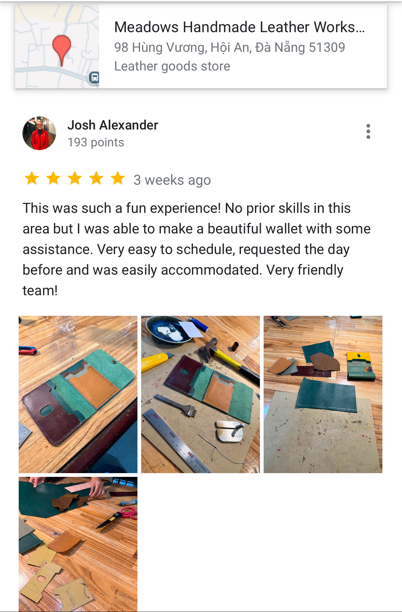 5-Star Review of Our 2-Hour Leather Workshop in Hoi An Five-star Google review about making a leather wallet at Meadows in Hoi An