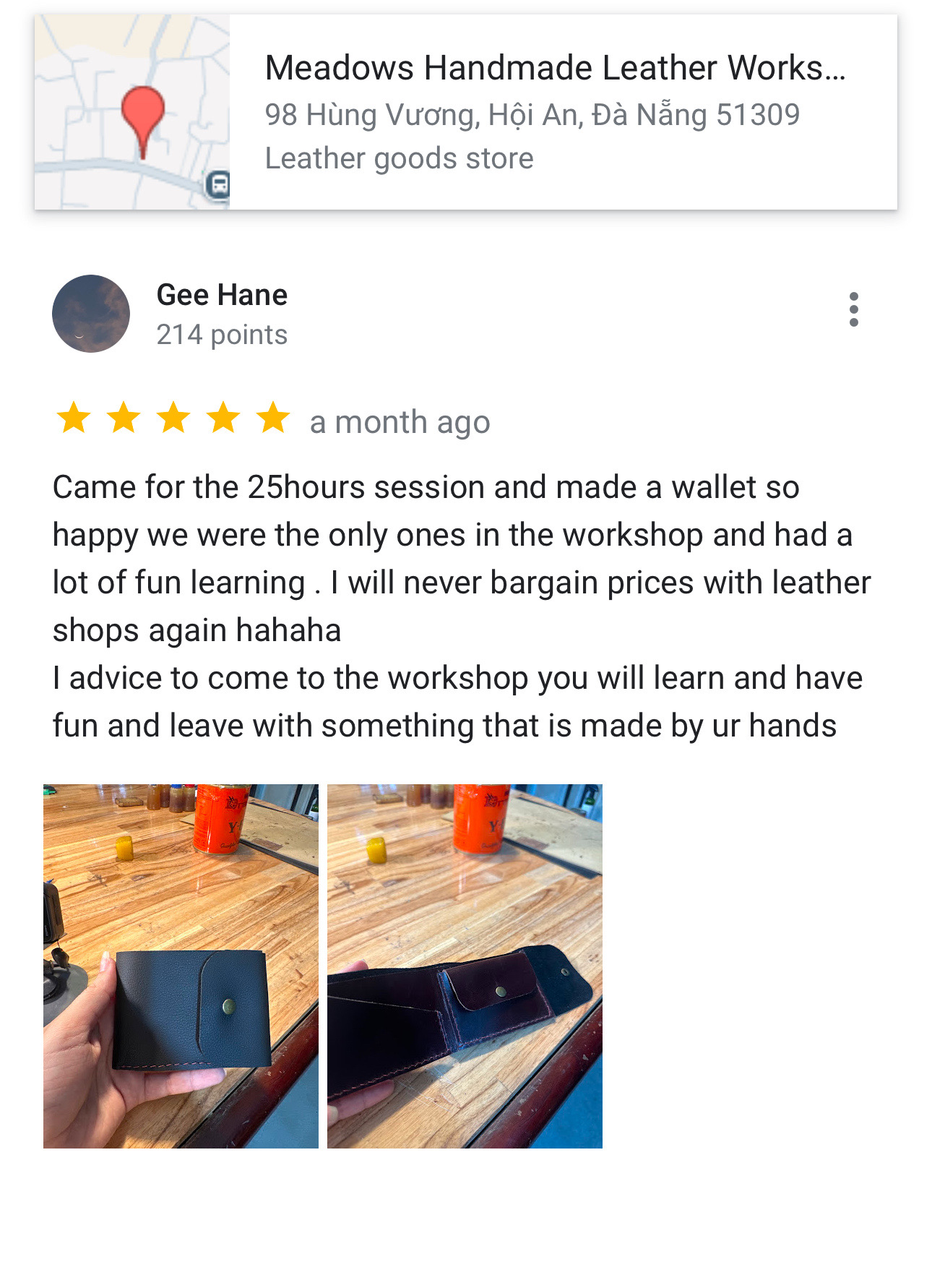 5-Star Review of Our 2-Hour Leather Workshop in Hoi An Five-star Google review about a wallet-making workshop at Meadows in Hoi An