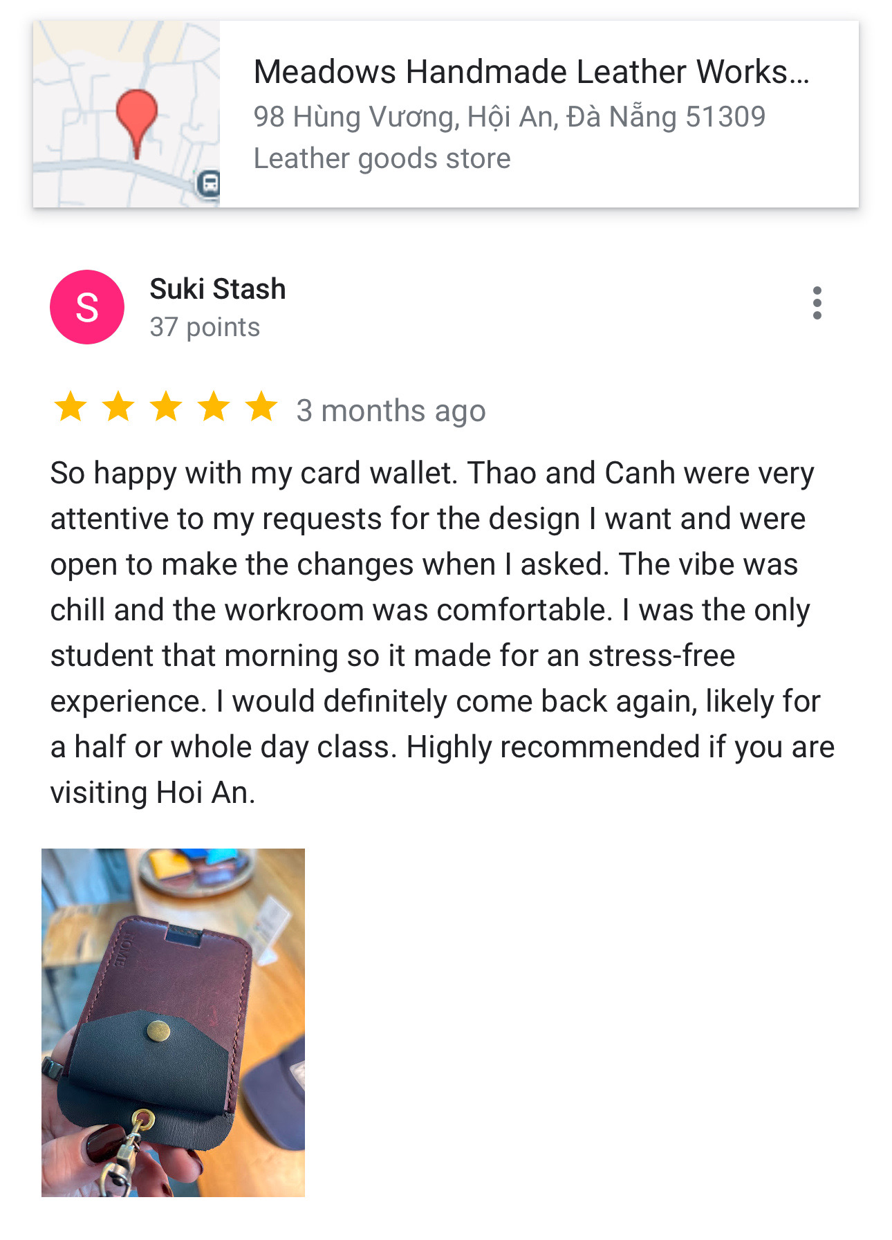 5-Star Review of Our 2-Hour Leather Workshop in Hoi An Five-star Google review about making a custom leather card wallet in Hoi An