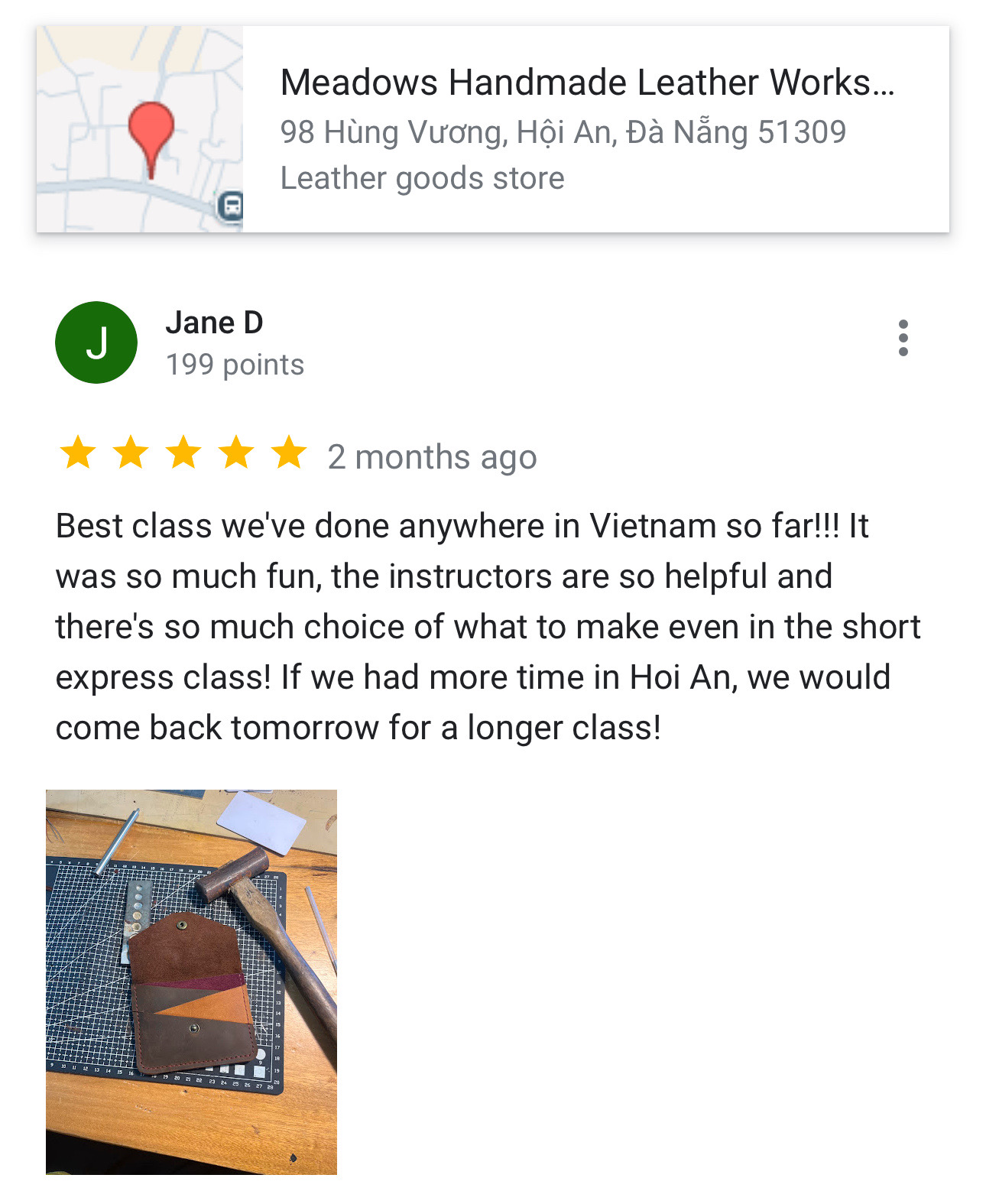 5-Star Review of Our 2-Hour Leather Workshop in Hoi An Five-star Google review of the Meadows express leather class in Hoi An