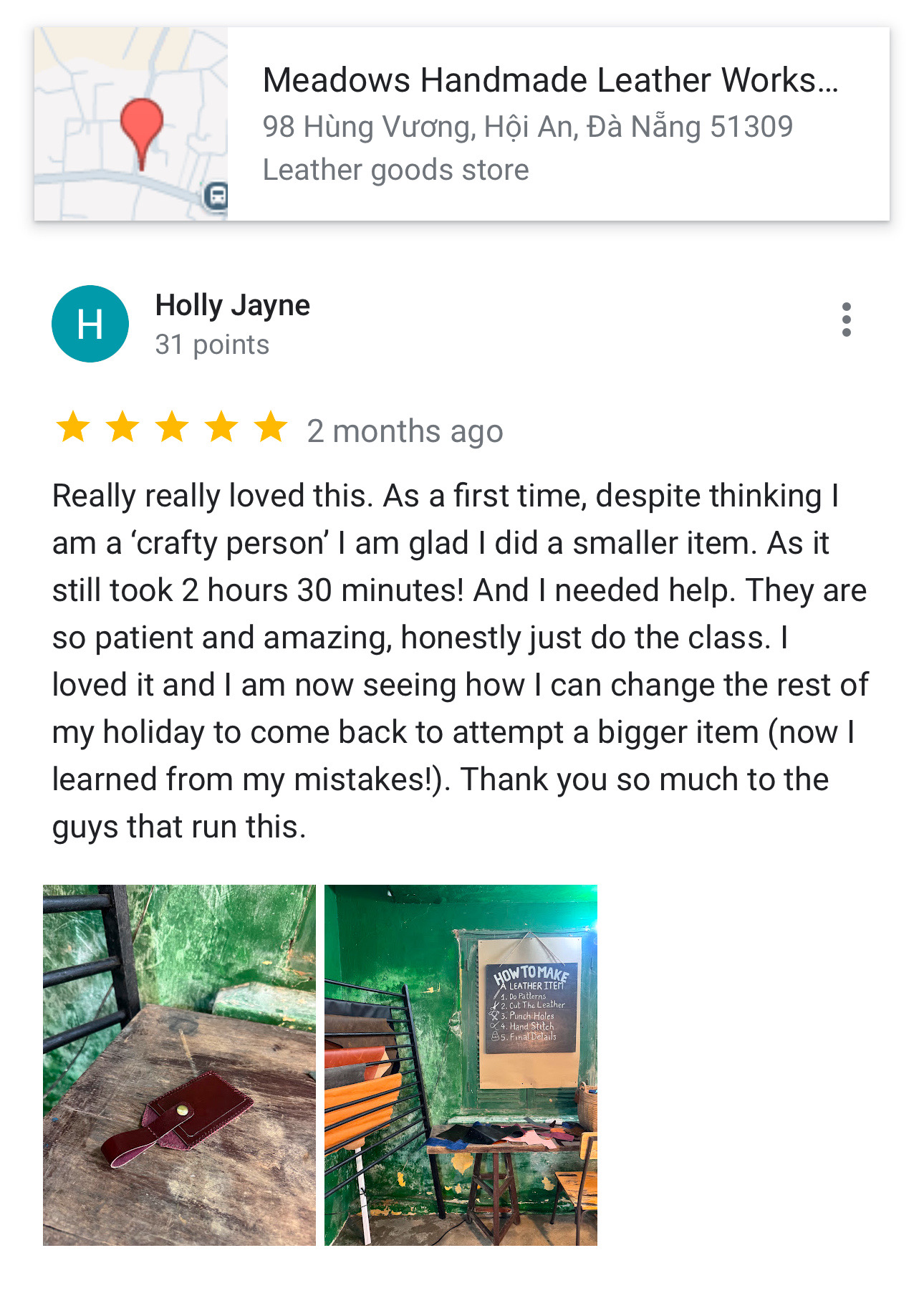 5-Star Review of Our 2-Hour Leather Workshop in Hoi An Five-star Google review about a first-time leather workshop experience in Hoi An